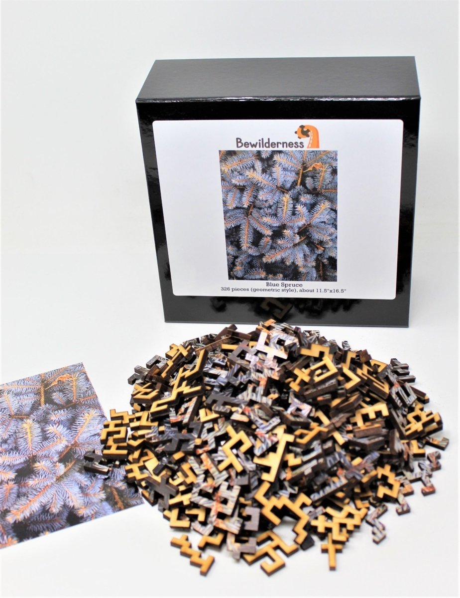 Blue Spruce challenging wooden puzzle by Bewilderness, pile of pieces with box