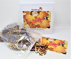 Fall leaves wooden jigsaw puzzle by Bewilderness, box and bag full of pieces