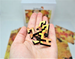 Fall leaves wooden jigsaw puzzle by Bewilderness, close-up of a few pieces