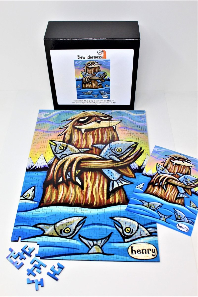 Henry Art - Sasquatch and Salmon - 326 Pieces - Wood PNW Jigsaw for Adults - Difficult Geometric Cut Design - Seattle Artist - Bewilderness