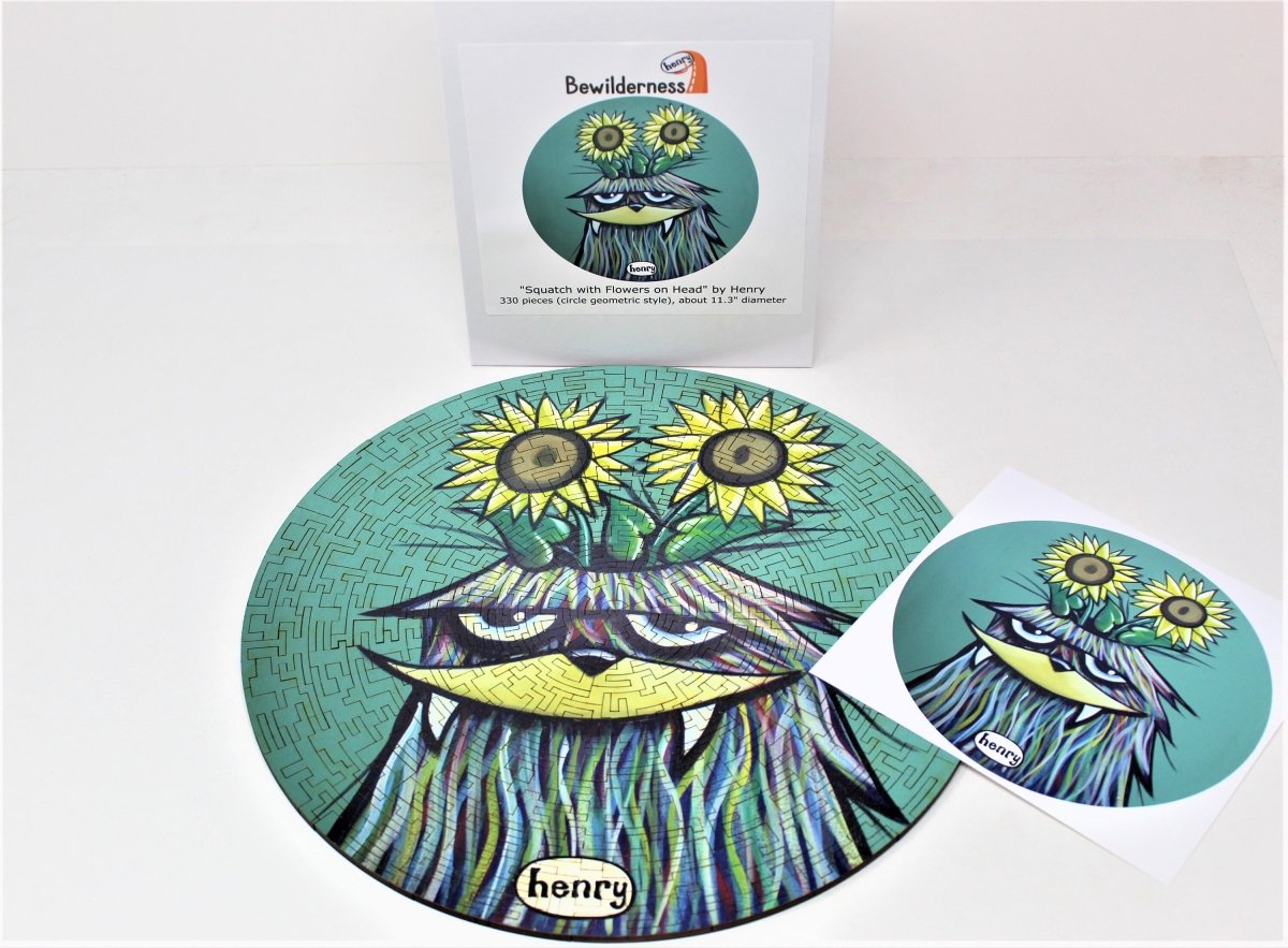 Sasquatch with Sunflowers - Round Puzzle for Skilled Puzzlers - 330 Wooden Pieces - Original Circular Geometric Cut Design- Henry Artist - Bewilderness